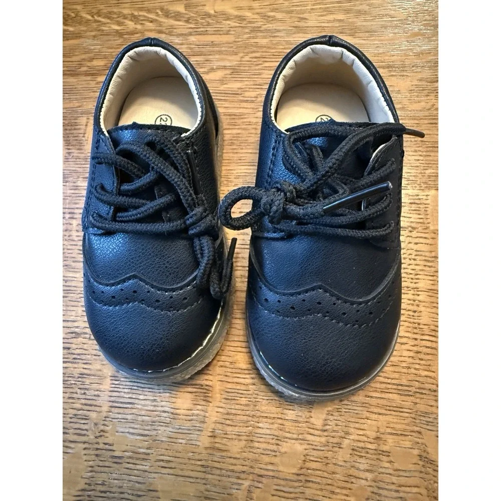 Meckior‎ Toddler Baby Boys PU Leather Black Loafers Lace Up Excellent Sz 6